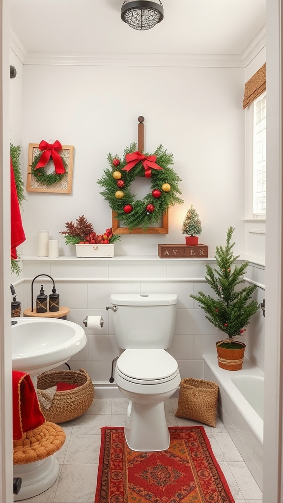 A festive bathroom decorated for winter holidays with a wreath, potted evergreen, and cozy accents.