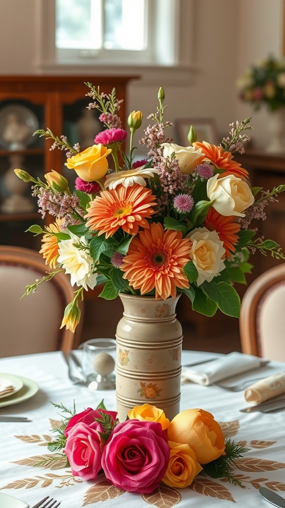 A colorful floral arrangement in a vintage vase on a dining table, featuring orange and pink flowers.