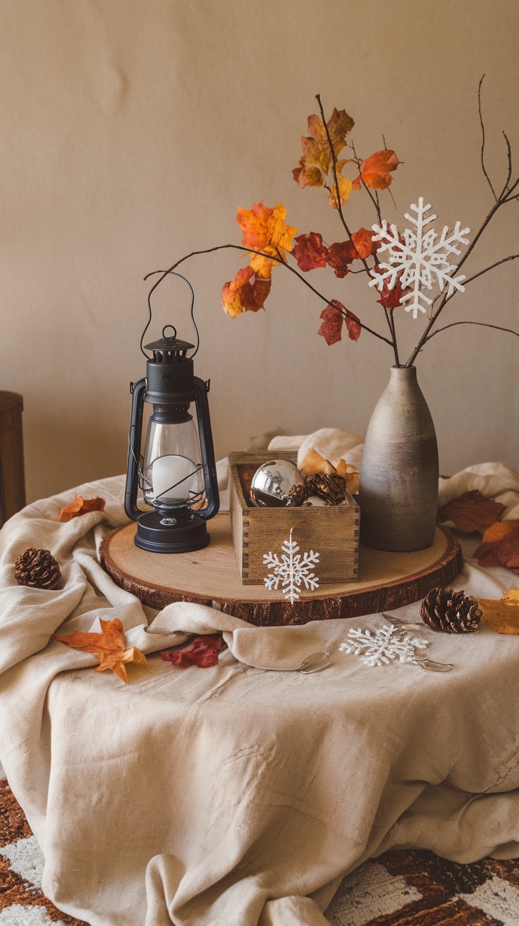 A coffee table styled with autumn decorations featuring colorful leaves, books, a decorative vase, and seasonal ornaments.