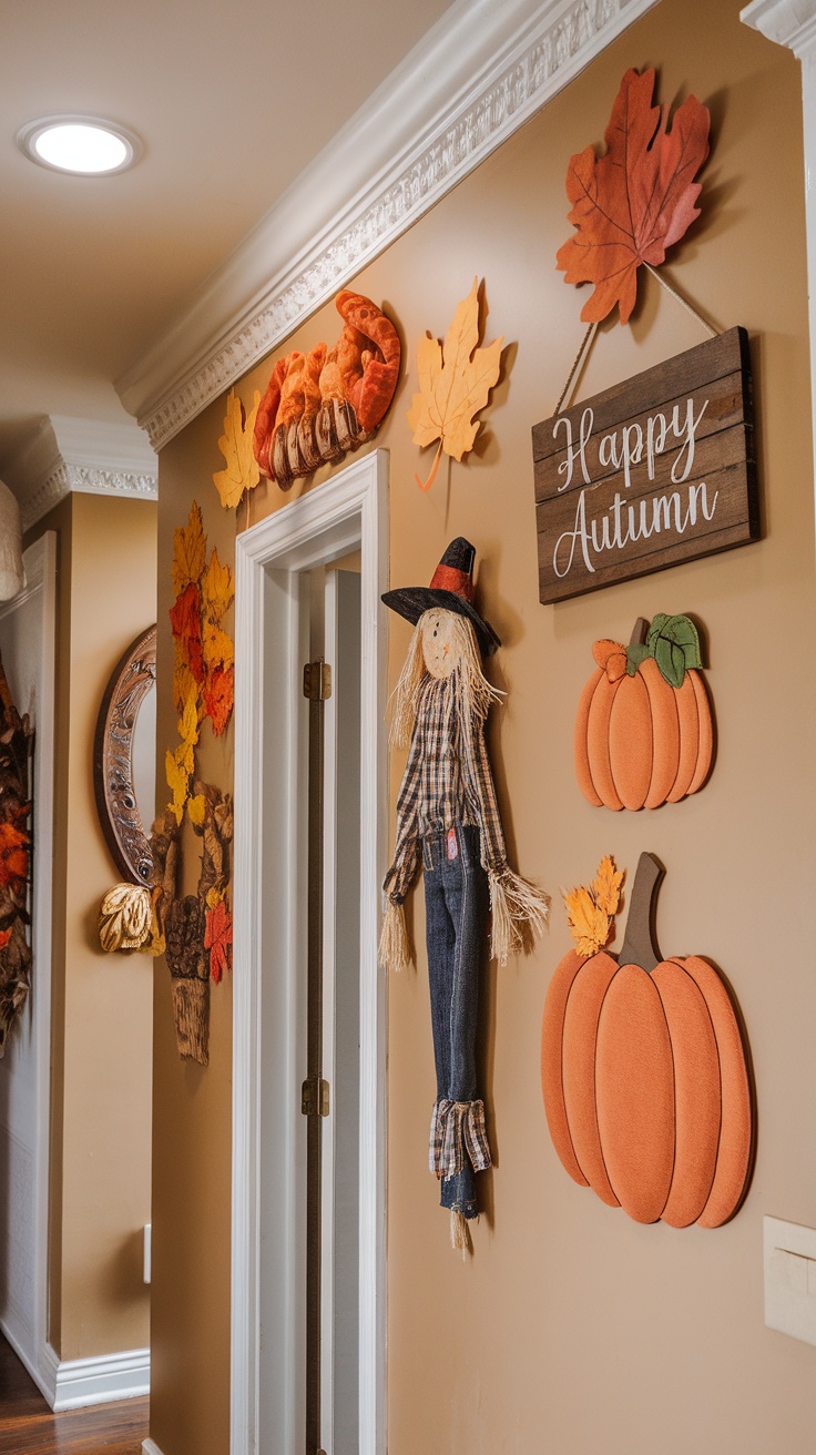 A hallway decorated with autumn-themed wall hangings and floral arrangements