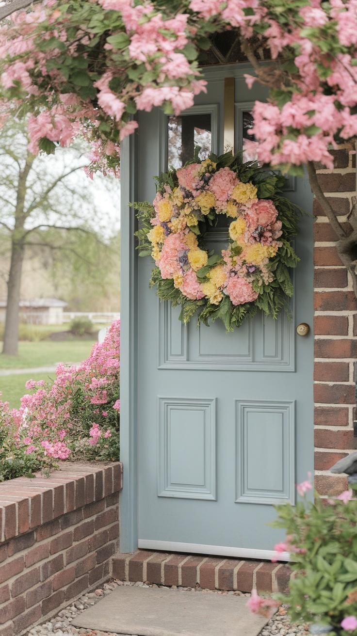 A spring-themed wreath made with colorful flowers hanging on a door, enhancing the entrance's appeal.