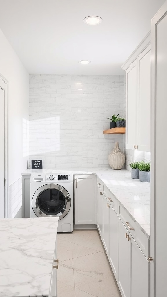 A modern laundry room featuring a white countertop, washing machine, and stylish cabinetry.