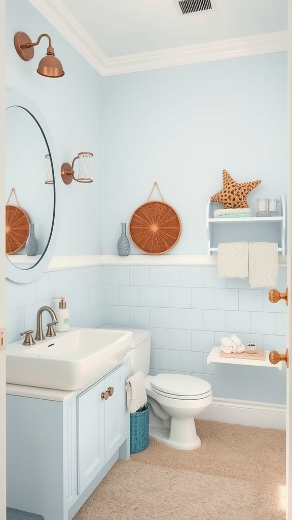 A small coastal-inspired bathroom featuring soft blue walls, copper fixtures, and beach-themed decor.