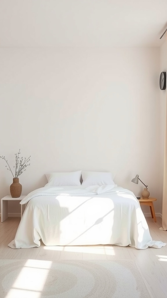A serene Scandinavian bedroom with a white bed, minimal decor, and natural light.