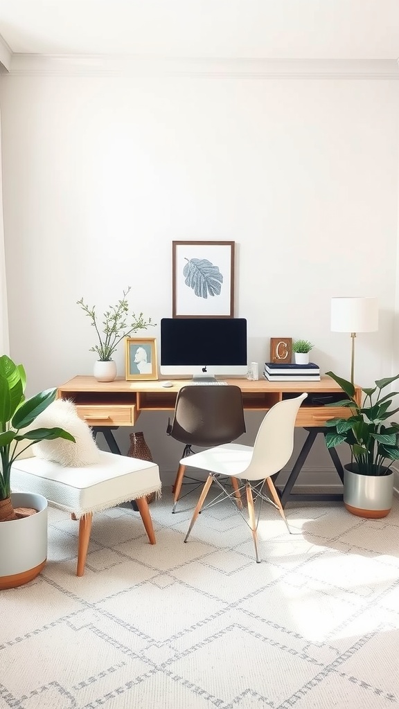 A serene home office featuring a neutral color palette with a wooden desk, comfortable chairs, and plants.