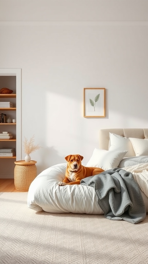 A cozy bedroom with a dog resting on a large bed, surrounded by soft pillows and blankets, with natural light illuminating the space.