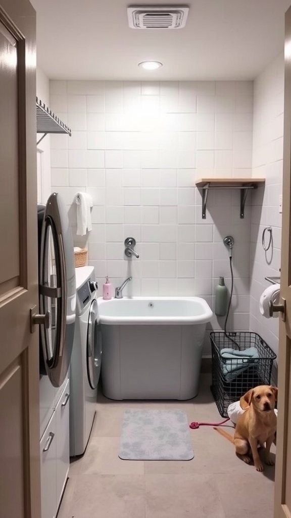 A well-organized laundry room with a pet washing station featuring a tub, towels, and a dog sitting beside.