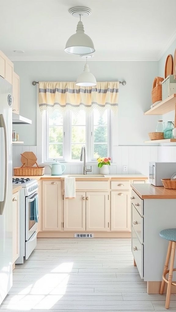 A bright and airy shabby chic coastal kitchen featuring pastel colors, light cabinetry, and playful decor.
