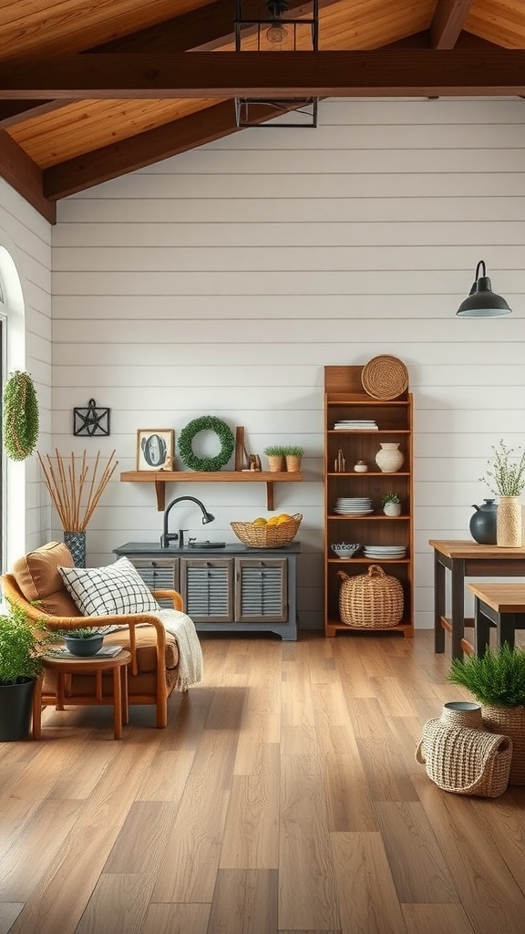 A cozy room featuring a shiplap wall with wooden beams, a comfortable chair, and rustic decor.
