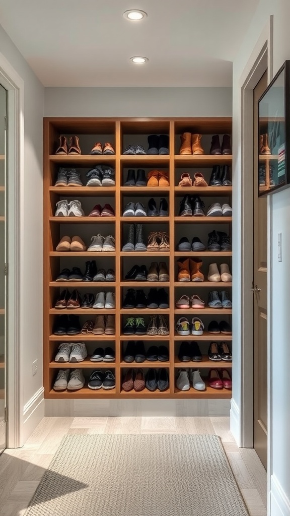 Neatly organized shoe storage in a hallway with a wooden shoe rack and a rug.