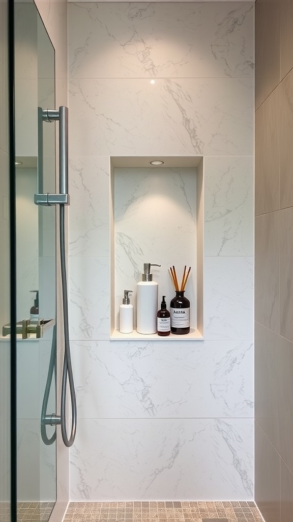 A modern shower niche with storage for toiletries, featuring a marble wall and stylish bottles.