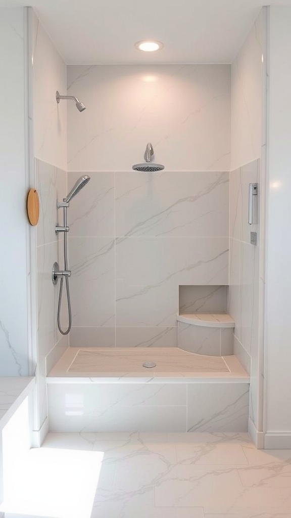 A modern shower with built-in seating and light-colored tiles.