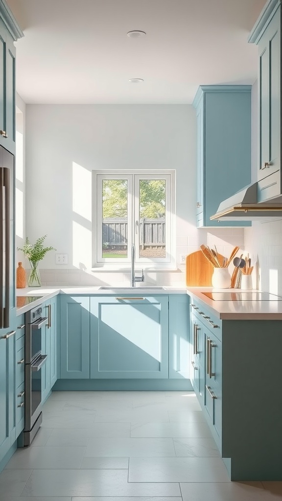 A bright kitchen featuring sky blue cabinets, a window, and modern appliances.