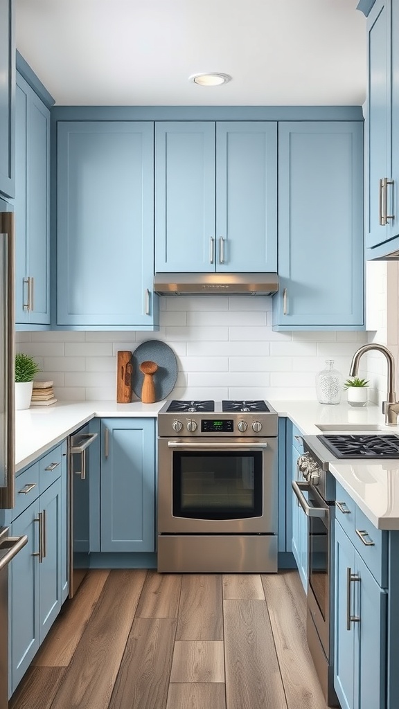 Modern kitchen with skyline blue cabinets and stainless steel appliances