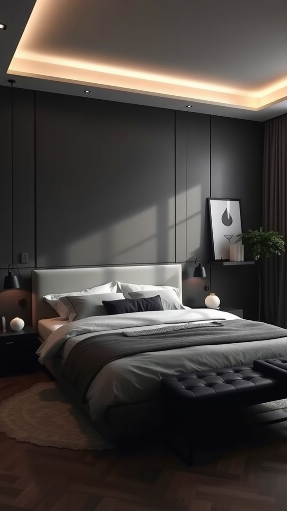 A sleek contemporary bedroom with dark walls, a plush bed, warm lighting, and stylish decor.
