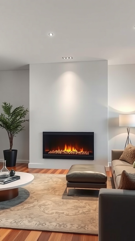 A modern living room featuring a sleek electric fireplace mounted on the wall, plush seating, and stylish decor.