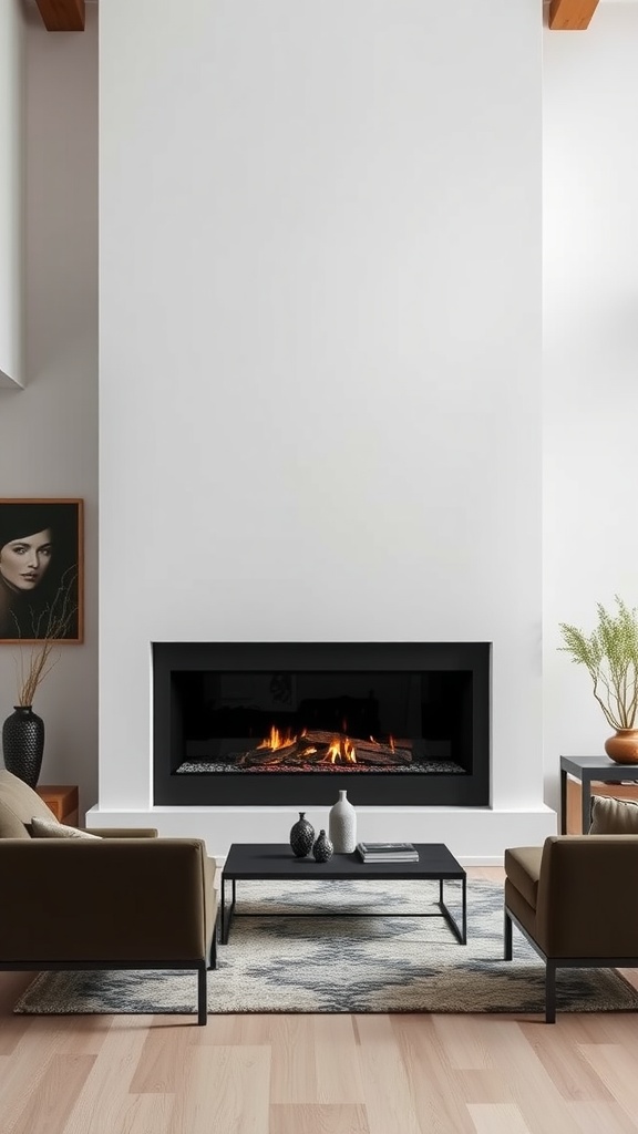 A modern living room featuring a sleek linear fireplace, minimalist furniture, and contemporary decor.