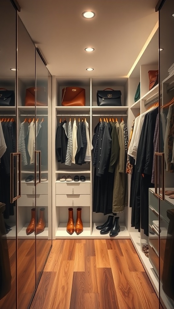 A modern walk-in closet featuring sleek glass doors, showcasing organized clothing and accessories against a wooden floor.