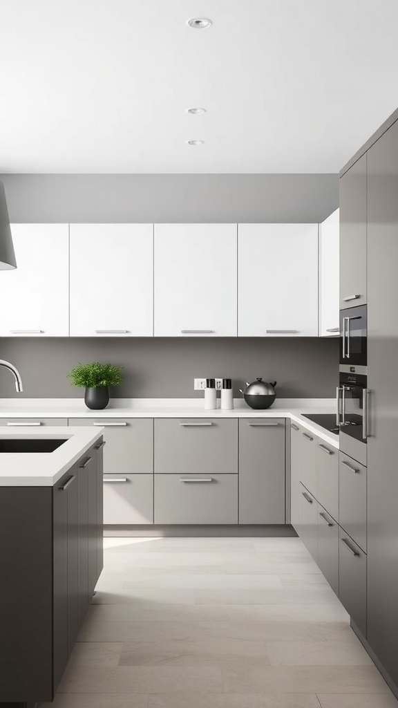 Modern kitchen with sleek handleless cabinets in white and gray