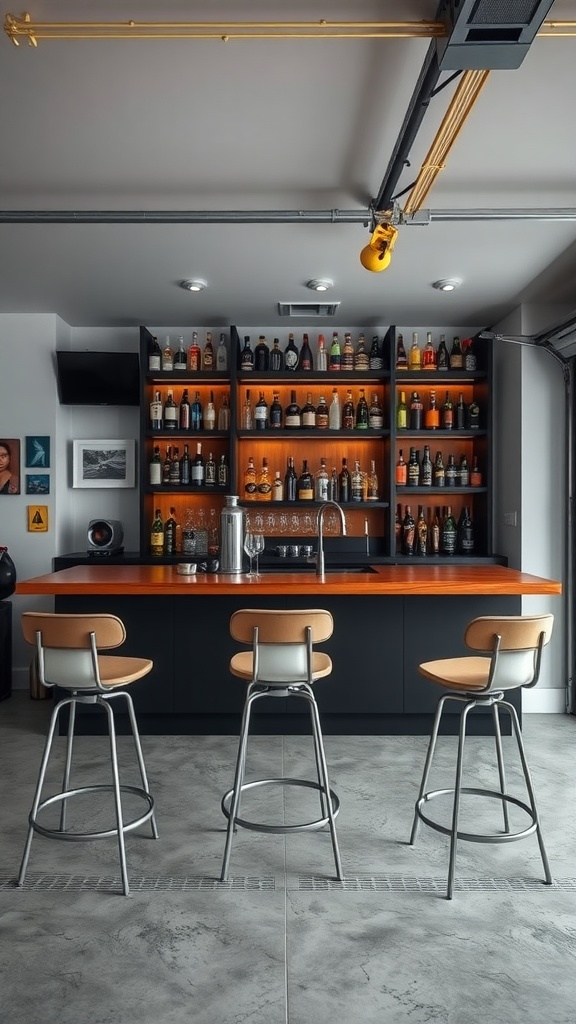 A modern home bar in a garage conversion featuring an orange countertop, black cabinetry, and shelves filled with various bottles.