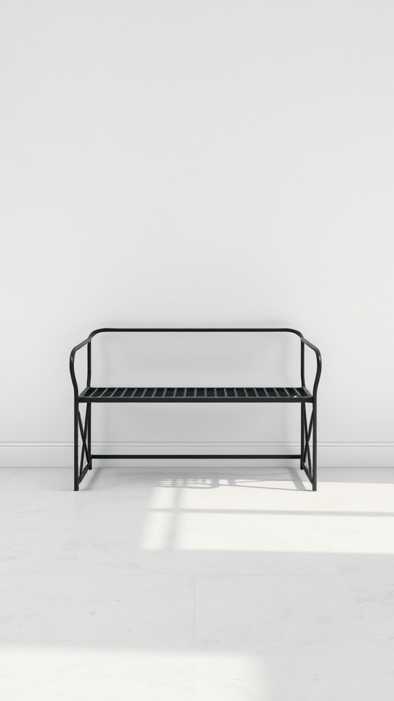 A sleek black metal frame bench with a minimalistic design.