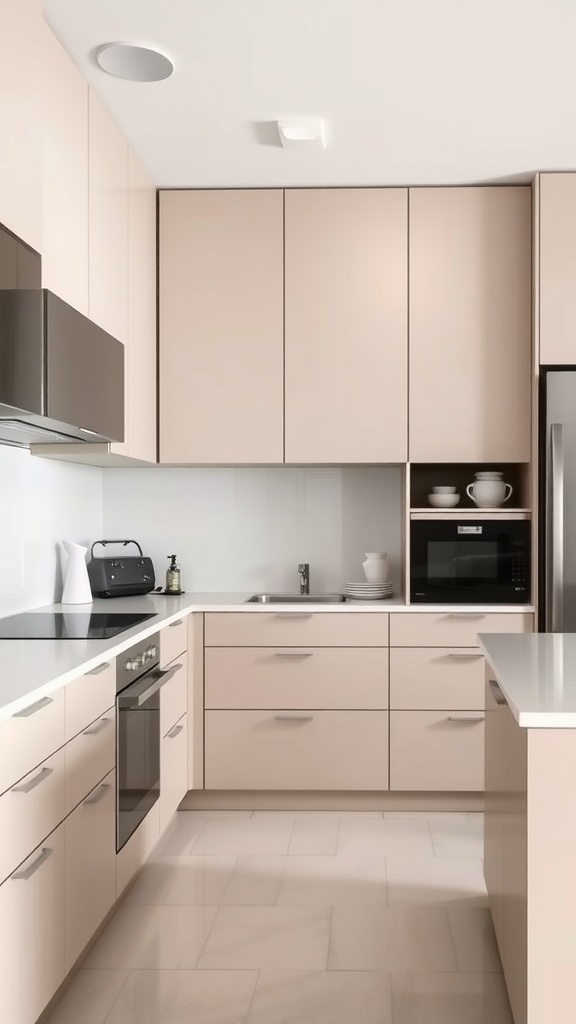 A sleek minimalist kitchen with beige cabinets and modern appliances.