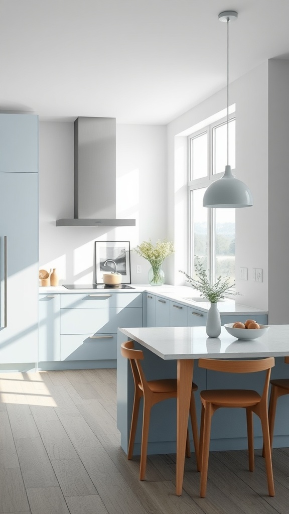 A modern coastal kitchen with blue cabinetry, light wood flooring, and a round dining table.