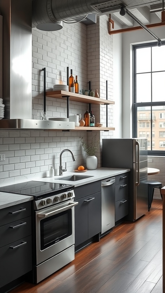 A modern kitchen featuring stainless steel appliances, dark cabinets, and open shelving with decorative items.