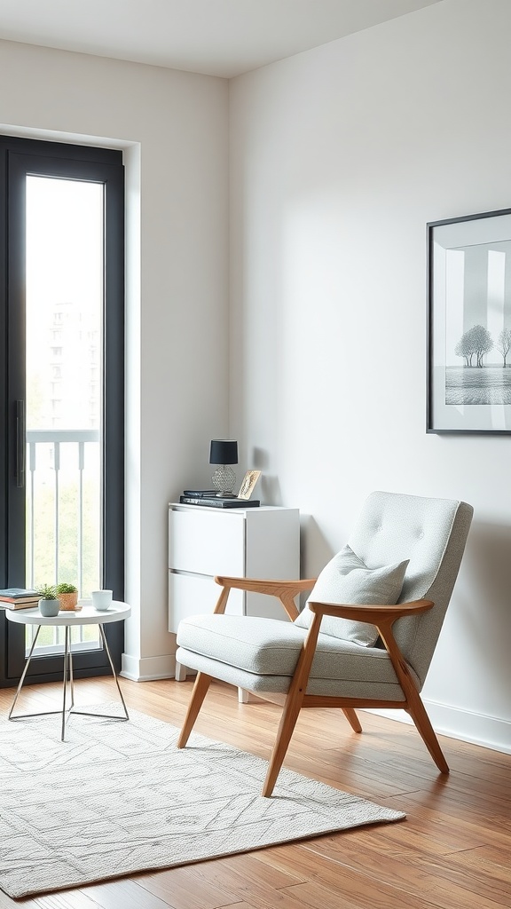 A sleek Scandinavian design accent chair with light fabric and wooden legs, placed next to a small round table.