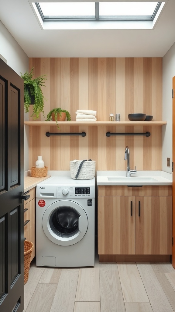A sleek Scandinavian utility room featuring wooden paneling, a washing machine, and open shelves.