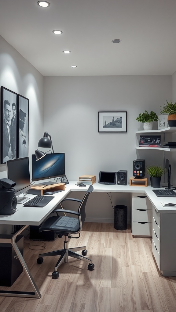 Sleek home office with dual monitors, modern desk, and decorative elements