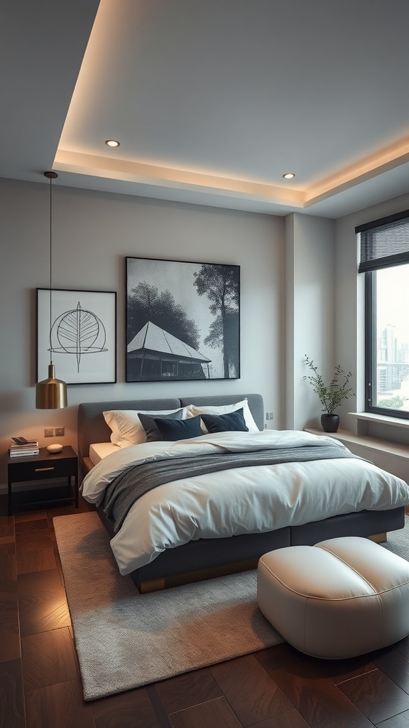 Modern bedroom design with sleek decor and cozy textures.