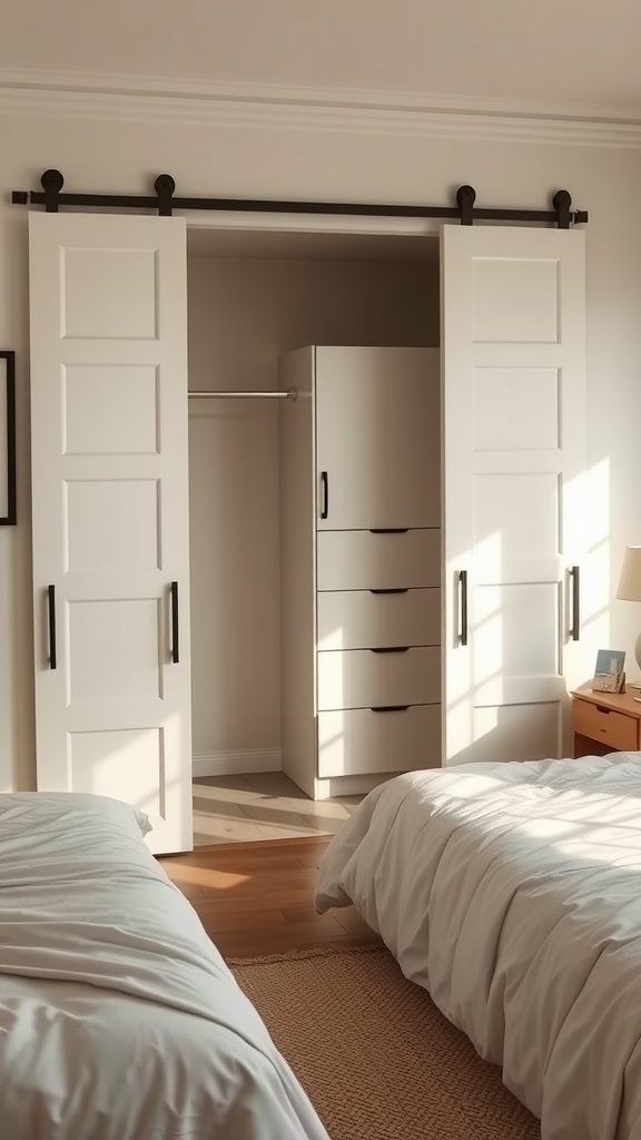 A small bedroom featuring sliding closet doors with a simple white design, and two beds with soft bedding.