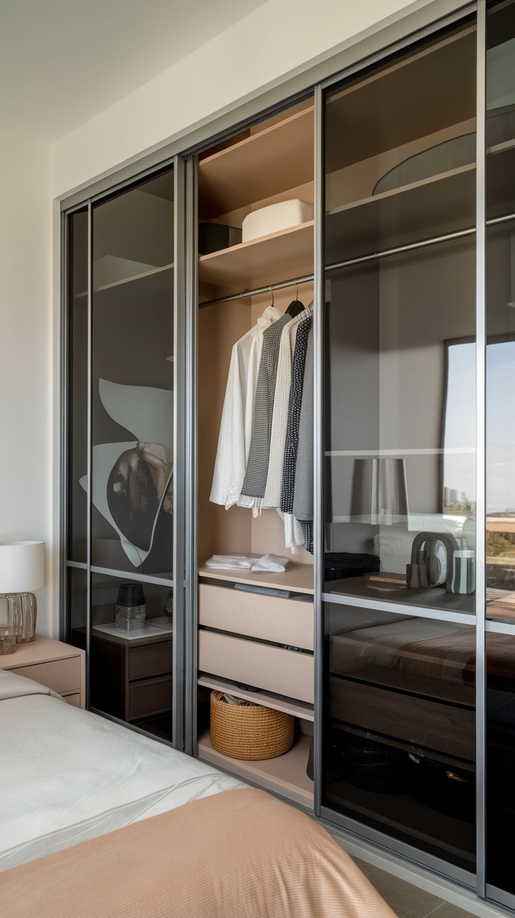 A modern bedroom closet featuring sliding doors made of light wood, showcasing an organized interior with clothing and storage boxes.