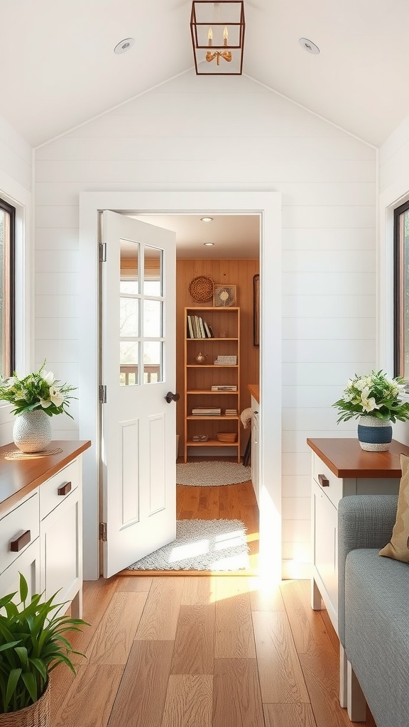 Interior of a tiny house with sliding doors and wooden flooring.