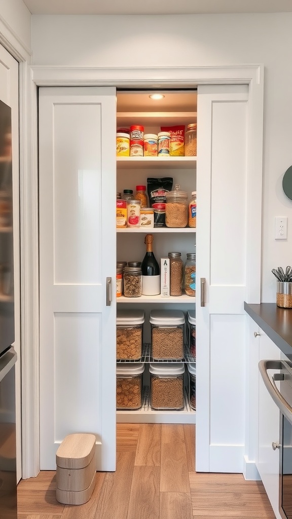 A sleek, organized pantry with sliding doors, showcasing various containers and shelves filled with food items.