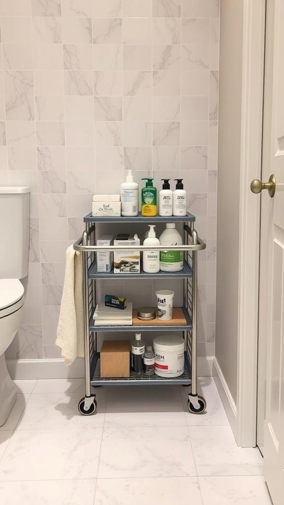 A slim rolling cart in a small bathroom, filled with toiletries and cleaning supplies, parked beside a toilet.