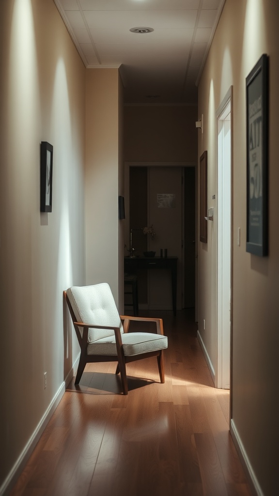 A cozy small seating nook in a hallway with a stylish chair.