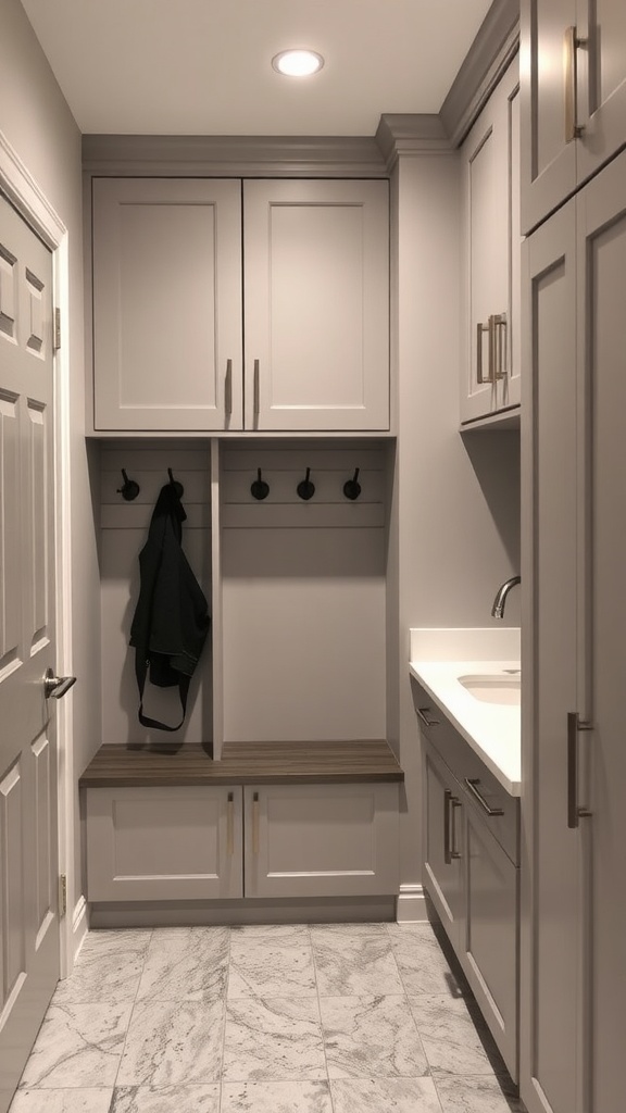 A modern mudroom with sleek cabinetry, hooks, and a storage bench.