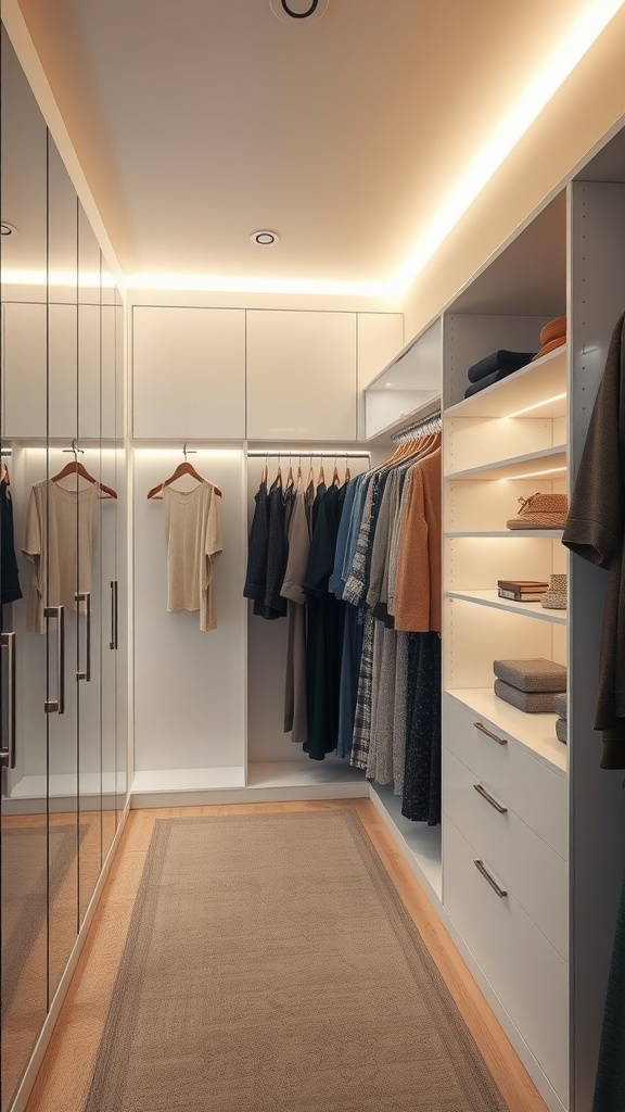 A modern walk-in closet with LED strip lighting and organized shelves.