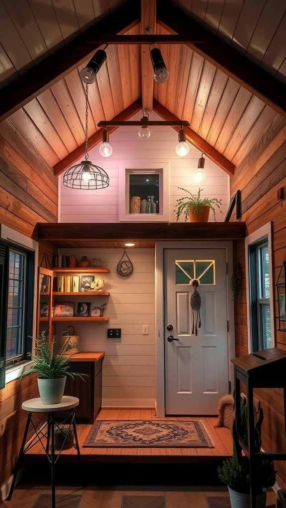 Cozy entryway in a tiny house with stylish lighting fixtures and wooden walls