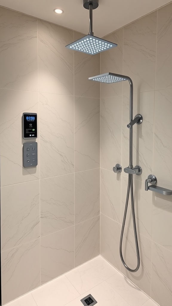 A modern shower with two overhead showerheads and a digital control panel