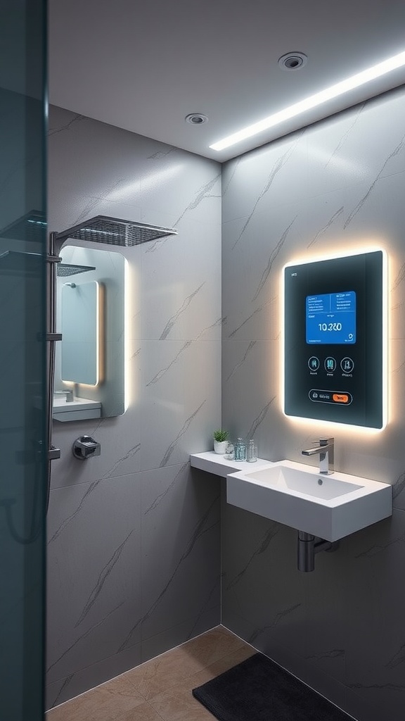 A modern bathroom featuring a digital screen, illuminated mirror, and sleek shower design.