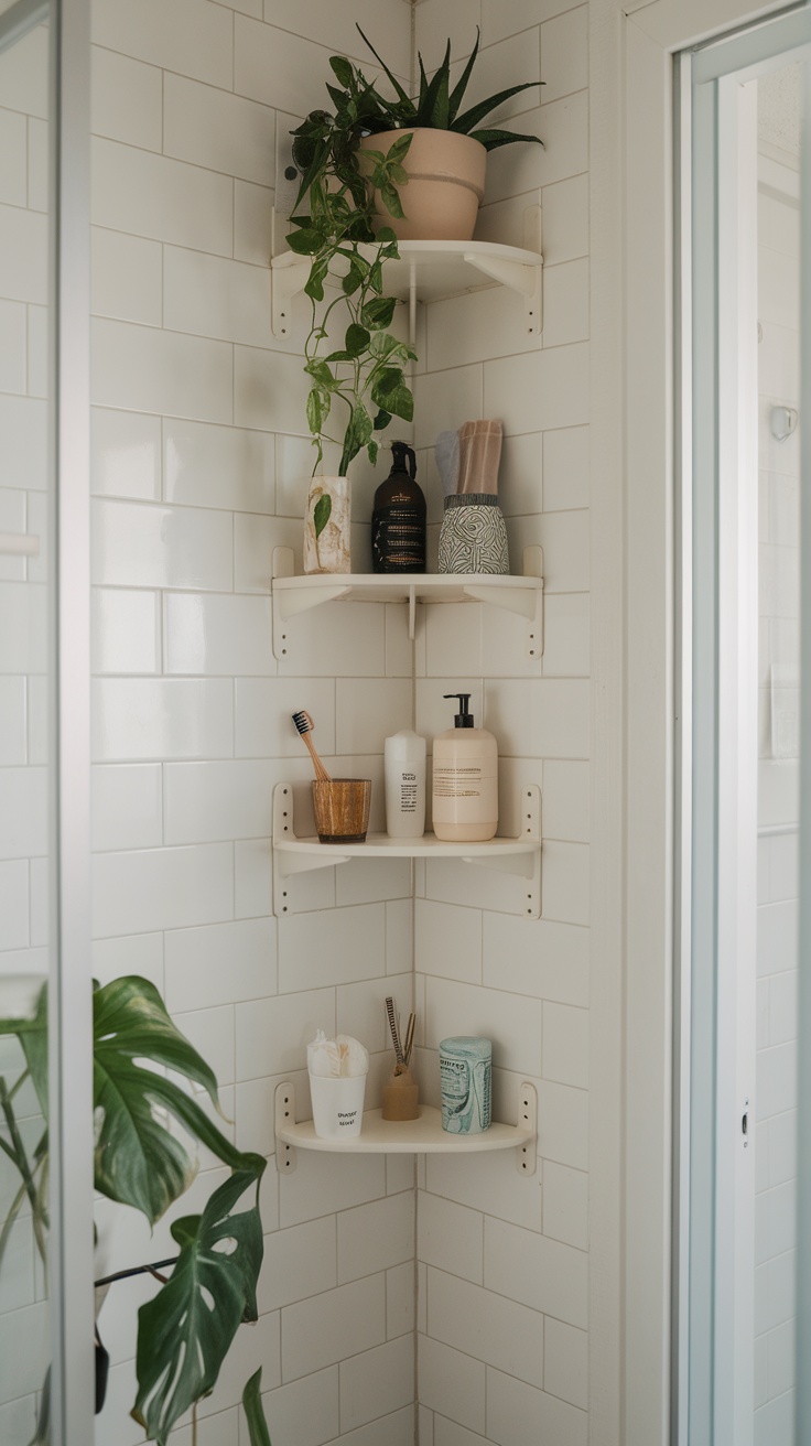 Corner bathroom with floating shelves holding plants and toiletries