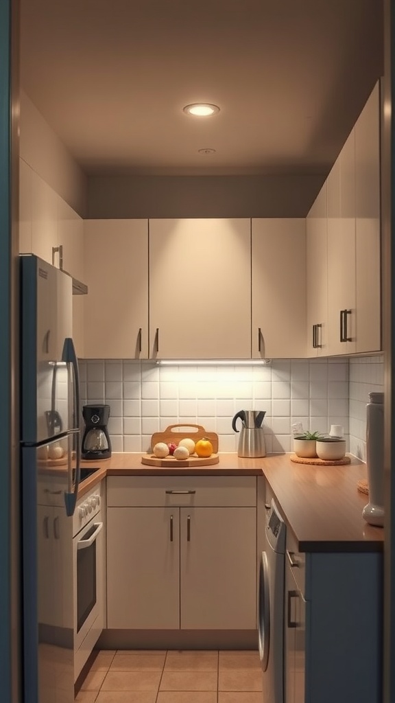 A compact kitchen with recessed lighting and under-cabinet lights, creating a bright and inviting atmosphere.