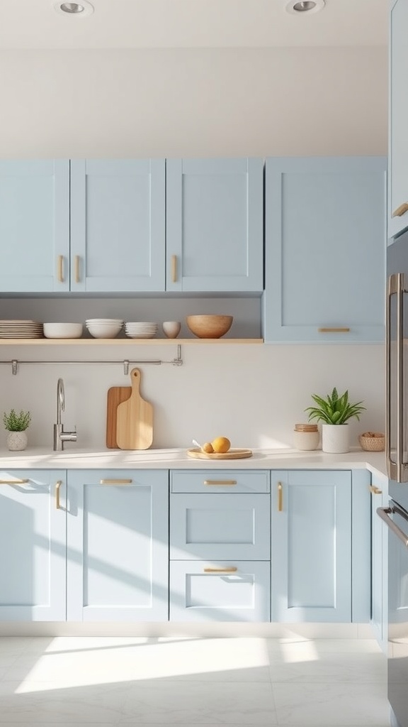Light blue kitchen cabinets with minimalist design, featuring wooden accents and plants.