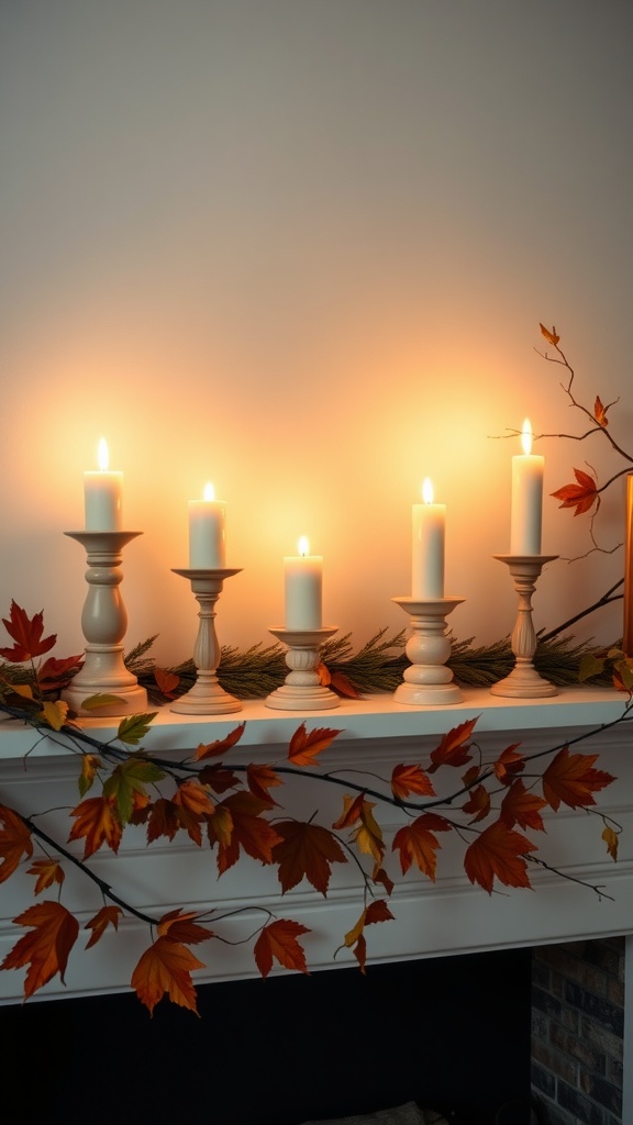 A mantel with soft creamy candle holders surrounded by autumn leaves and pine branches.