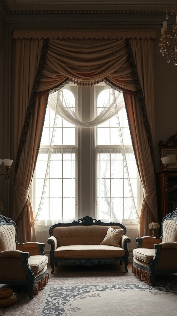 Victorian living room featuring soft drapery with heavy valances, elegant furniture, and natural light.