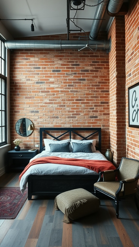A cozy bedroom showcasing a soft industrial loft style with exposed brick walls, a comfortable bed, and stylish furniture.