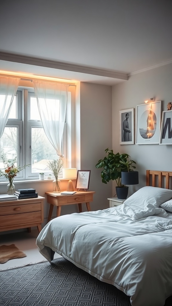 A Scandinavian bedroom with soft lighting from window and lamps.